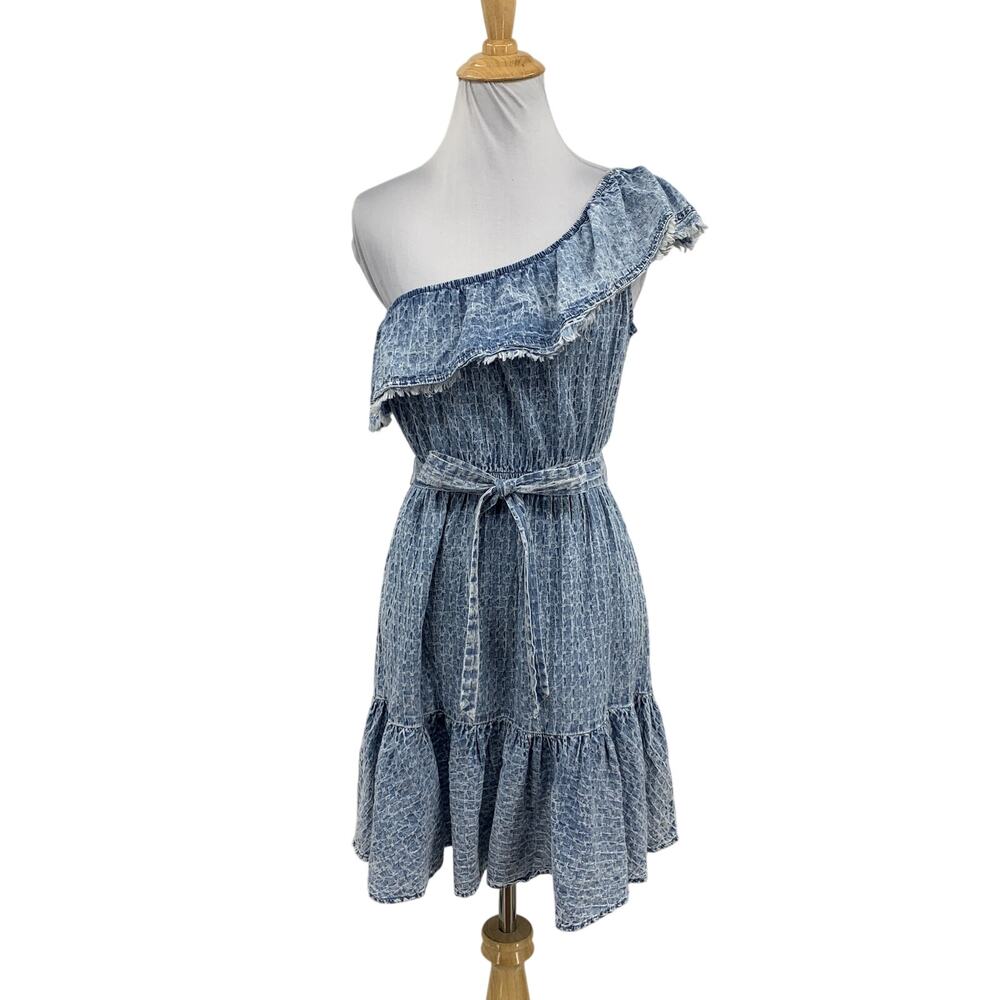 Promesa Dress Womens S Small Chambray One Shoulder Ruffle Tie Waist Raw Trim